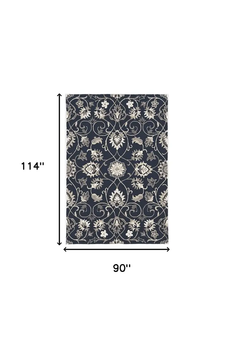 8' X 10' Navy Blue Round Floral Indoor Outdoor Area Rug