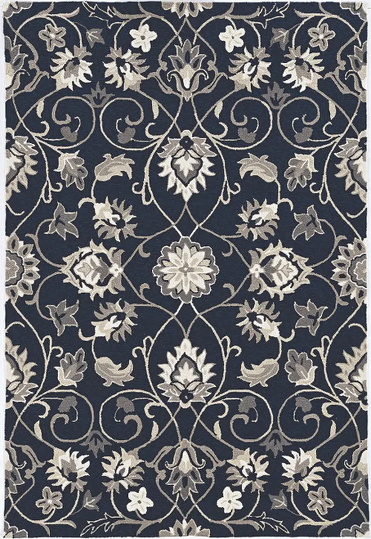 8' X 10' Navy Blue Round Floral Indoor Outdoor Area Rug