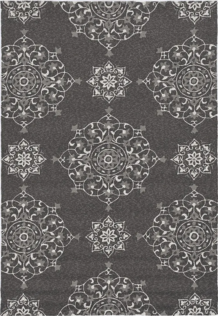 5' X 8' Charcoal Round Floral Indoor Outdoor Area Rug