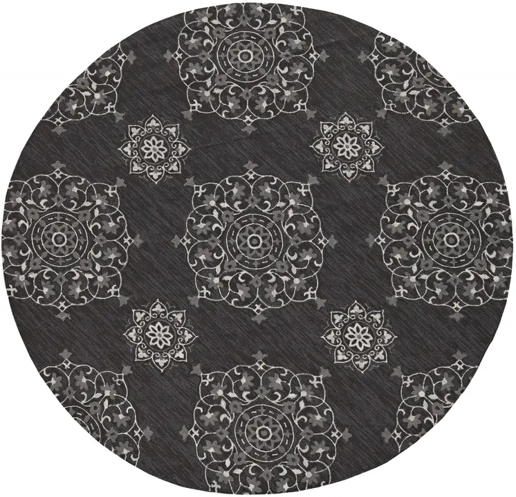 8' Charcoal Round Floral Indoor Outdoor Area Rug