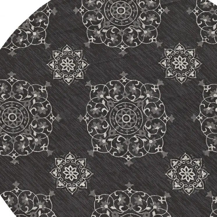 8' Charcoal Round Floral Indoor Outdoor Area Rug