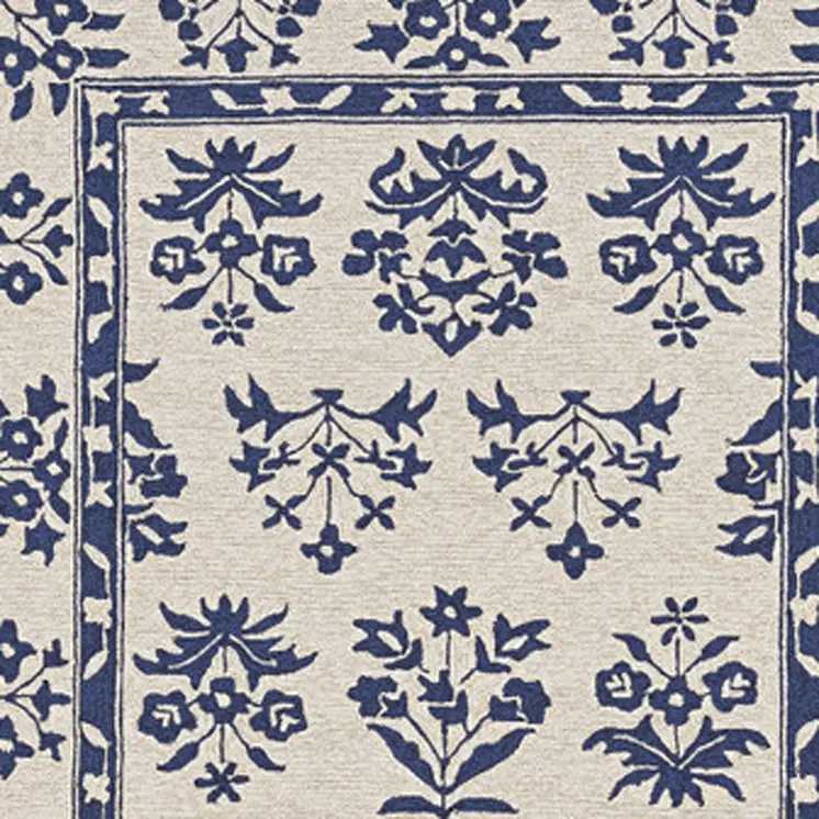 5' X 7' Sand Or Blue Floral Bordered Indoor Outdoor Area Rug