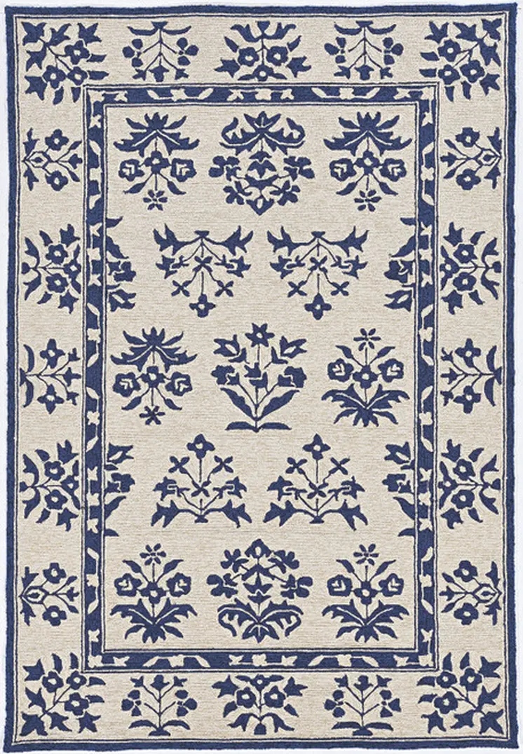 5' X 7' Sand Or Blue Floral Bordered Indoor Outdoor Area Rug