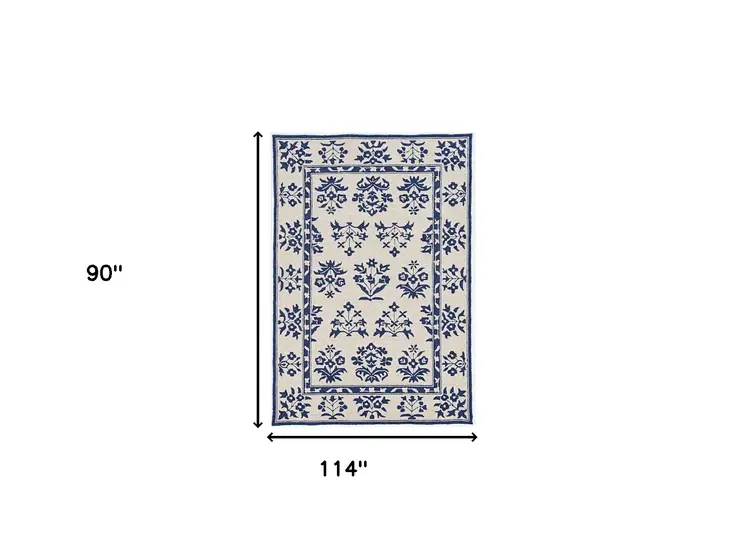 8' X 10' Blue Round Floral Handmade Indoor Outdoor Area Rug