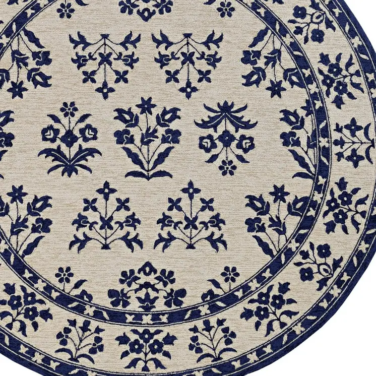 8' X 10' Blue Round Floral Handmade Indoor Outdoor Area Rug