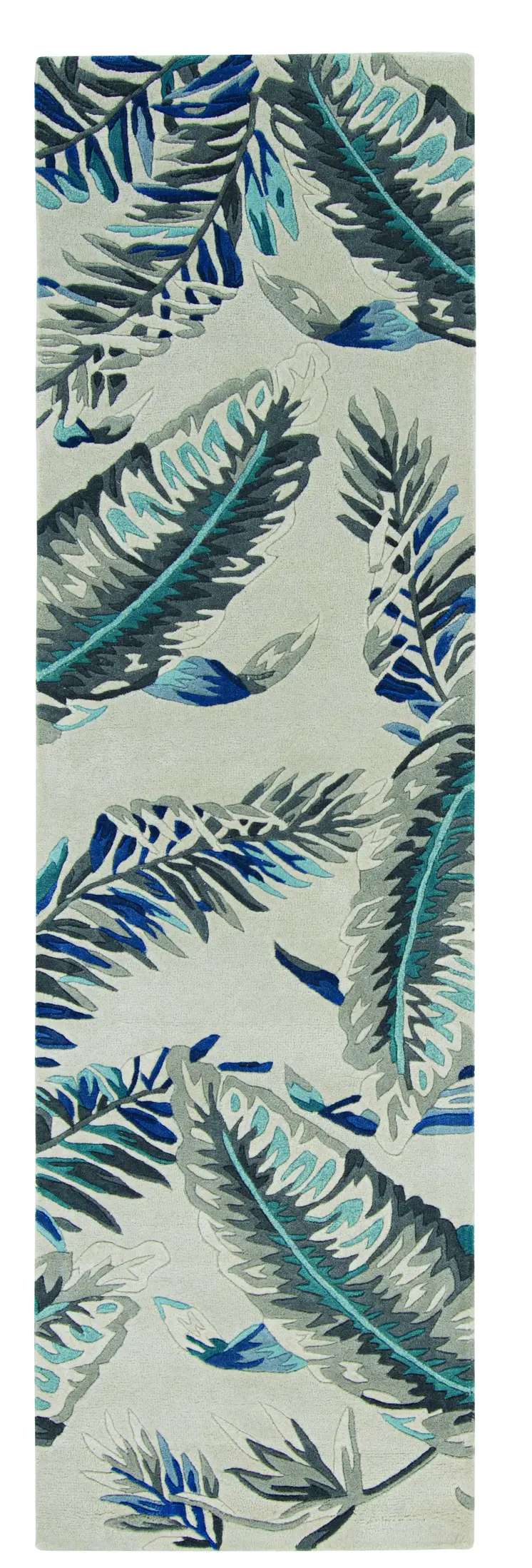8' Grey Blue Hand Tufted Tropical Leaves Indoor Runner Rug