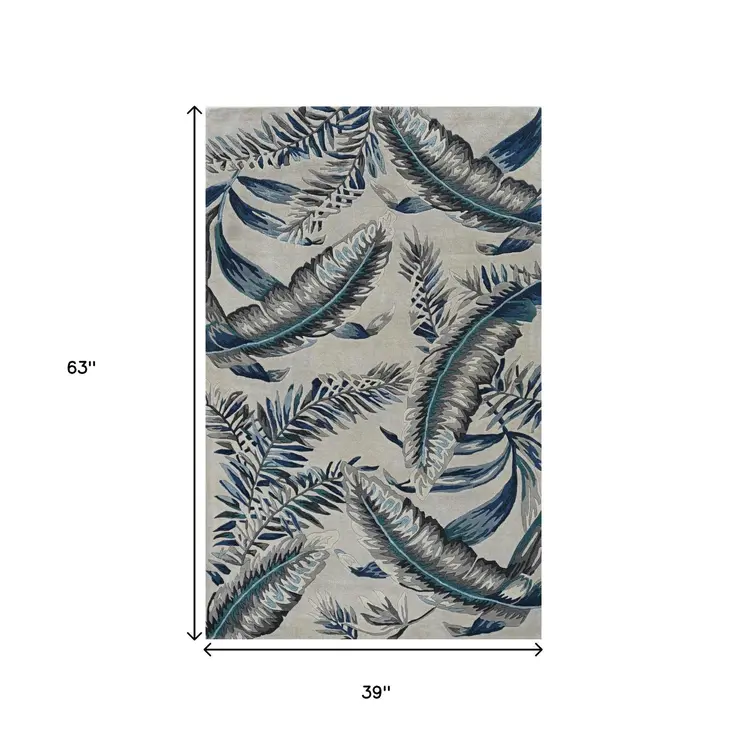 3' X 5' Grey Or Blue Tropical Leaves Wool Area Rug