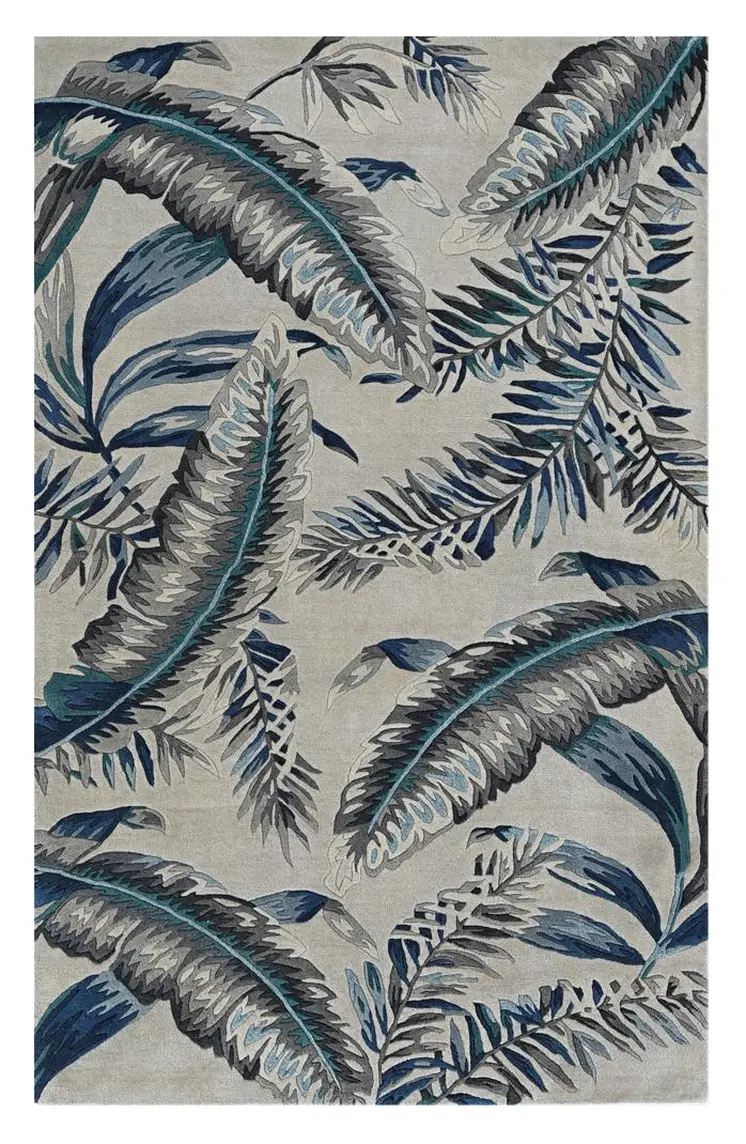5' X 8' Blue and Gray Wool Botanical Leaves Hand Tufted Area Rug