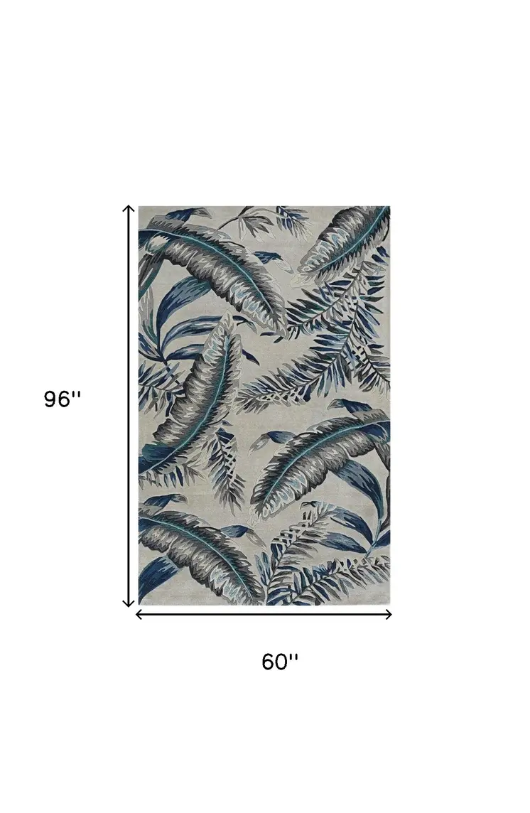 5' X 8' Blue and Gray Wool Botanical Leaves Hand Tufted Area Rug