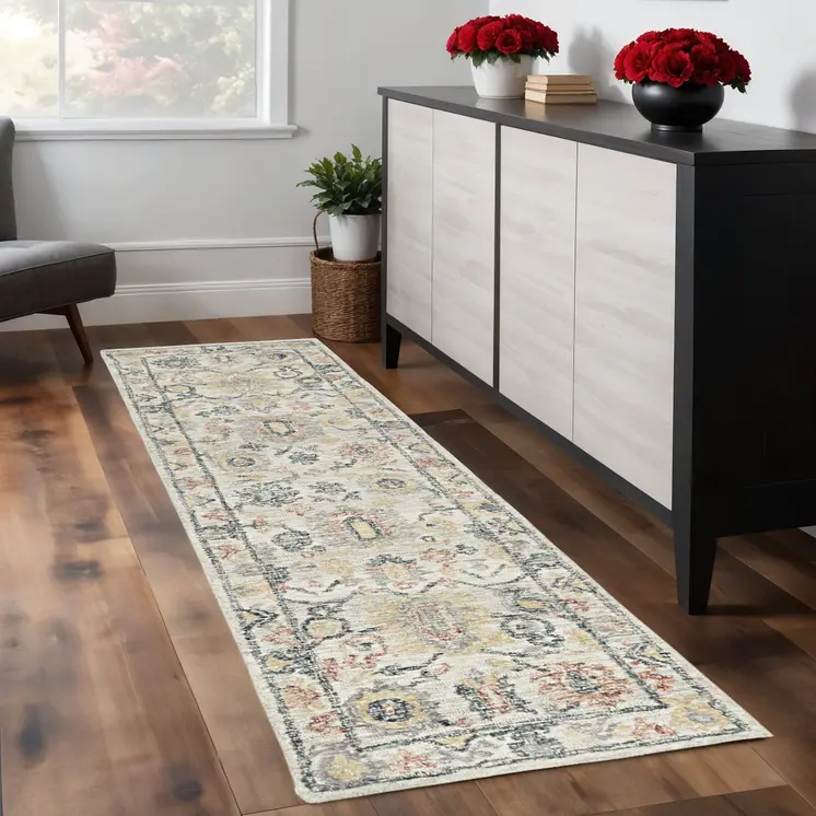 8' Ivory Hand Tufted Space Dyed Floral Traditional Indoor Runner Rug