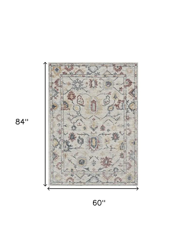 5' X 7' Ivory Gray And Red Wool Floral Hand Tufted Distressed Area Rug