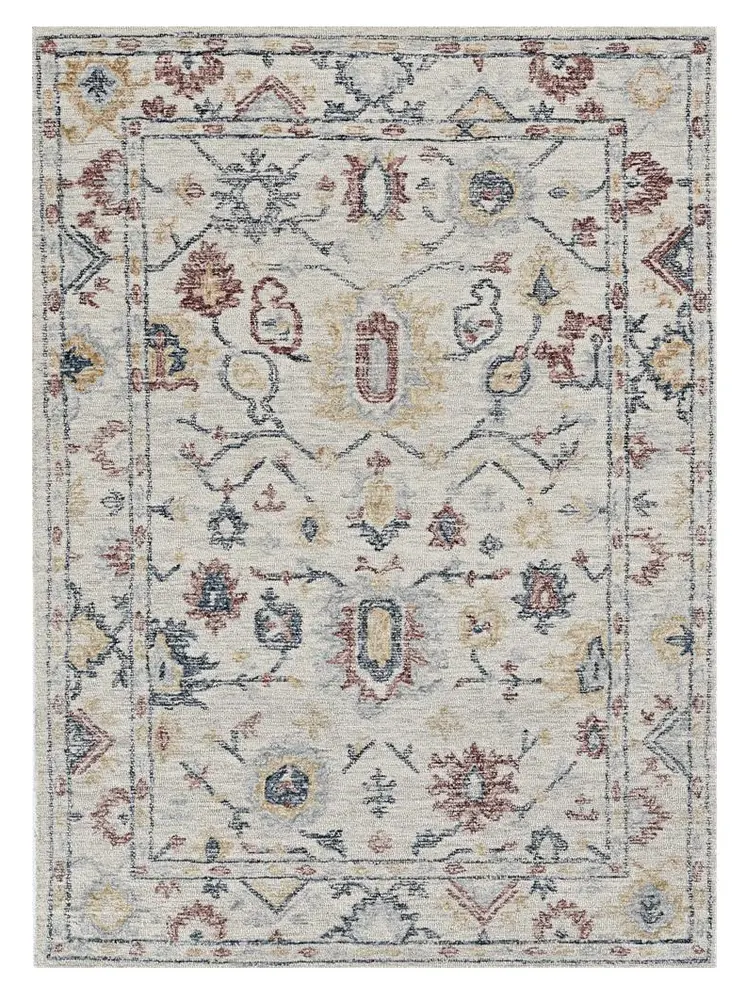 5' X 7' Ivory Gray And Red Wool Floral Hand Tufted Distressed Area Rug