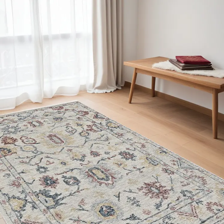 5' X 7' Ivory Gray And Red Wool Floral Hand Tufted Distressed Area Rug
