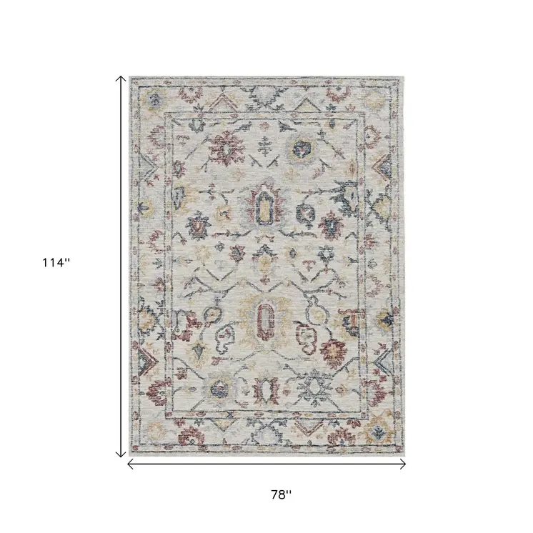 7' X 10' Ivory Gray And Red Wool Medallion Hand Tufted Area Rug