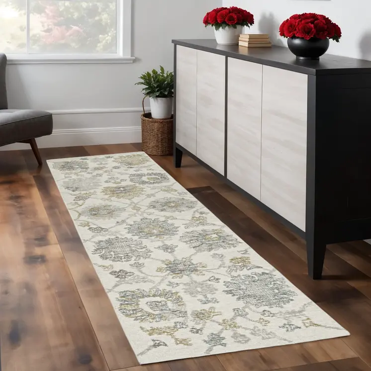 2' X 8' Ivory Floral Vine Wool Runner Rug
