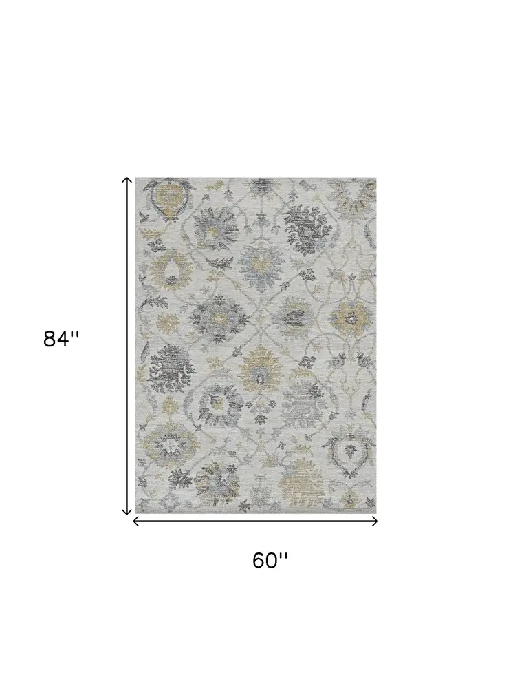 5' X 7' Ivory Yellow And Gray Wool Floral Hand Tufted Distressed Area Rug