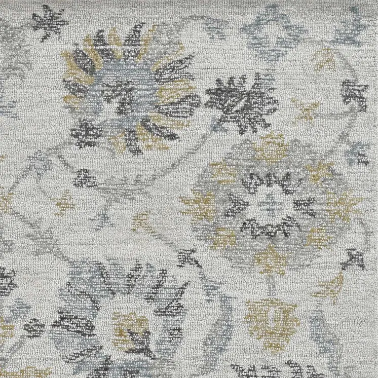 5' X 7' Ivory Yellow And Gray Wool Floral Hand Tufted Distressed Area Rug