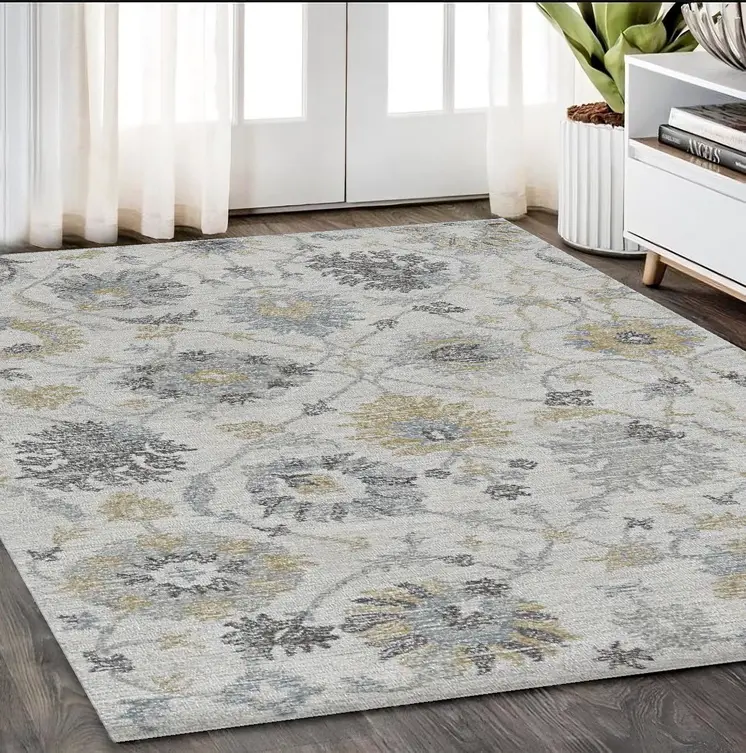 5' X 7' Ivory Yellow And Gray Wool Floral Hand Tufted Distressed Area Rug