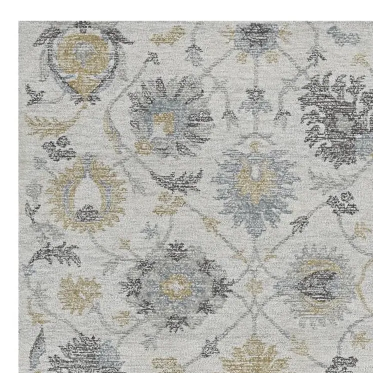 5' X 7' Ivory Yellow And Gray Wool Floral Hand Tufted Distressed Area Rug