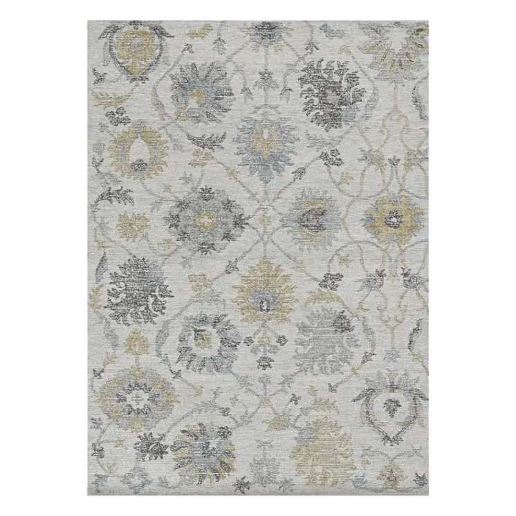 5' X 7' Ivory Yellow And Gray Wool Floral Hand Tufted Distressed Area Rug