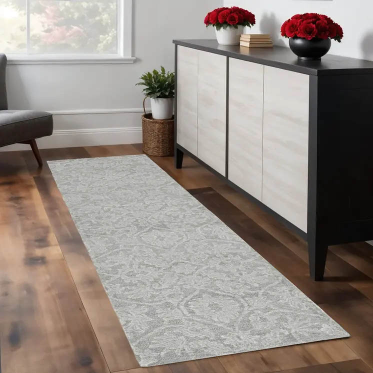 8' Grey Hand Tufted Space Dyed Floral Ogee Indoor Runner Rug