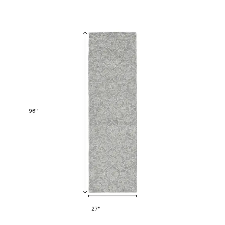 8' Grey Hand Tufted Space Dyed Floral Ogee Indoor Runner Rug