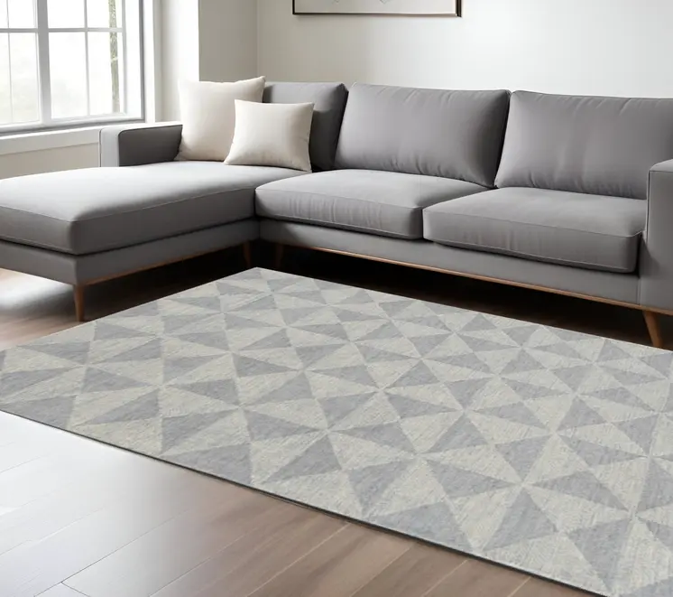 7' X 10' Gray and Light Gray Wool Geometric Hand Tufted Area Rug