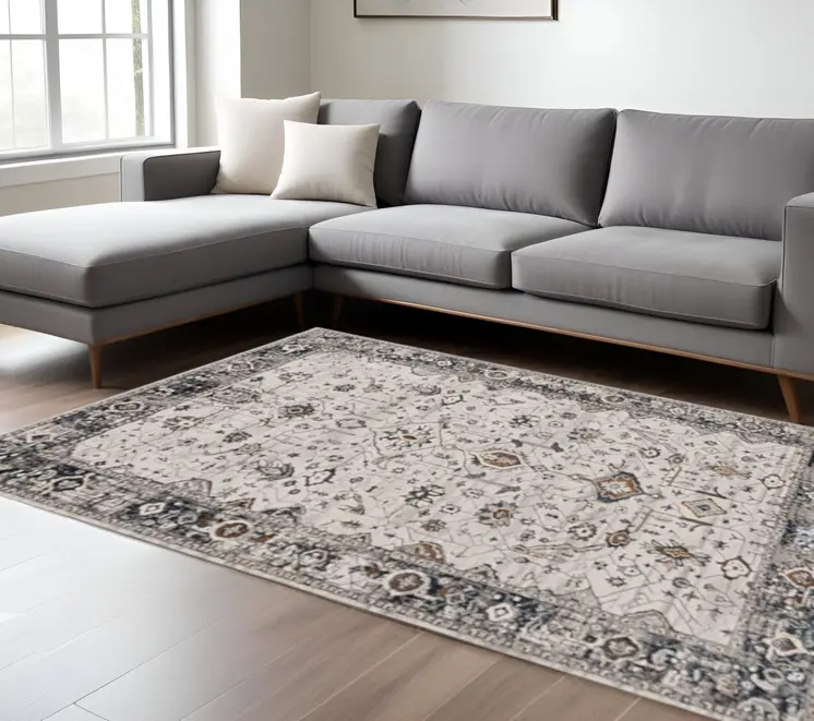 7' X 10' Ivory Gray And Brown Floral Area Rug