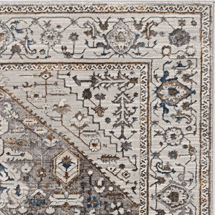 7' X 10' Ivory Gray And Brown Floral Medallion Area Rug