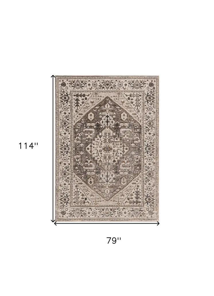 7' X 10' Ivory Gray And Brown Floral Medallion Area Rug