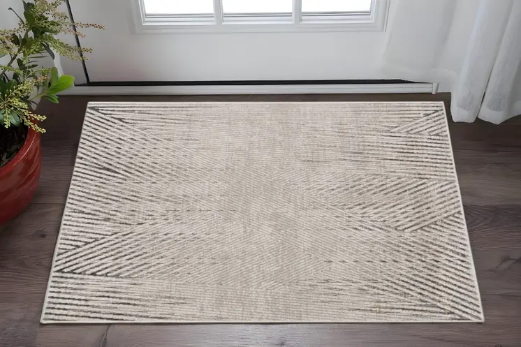 3' X 5' Ivory Or Grey Geometric Lines Area Rug