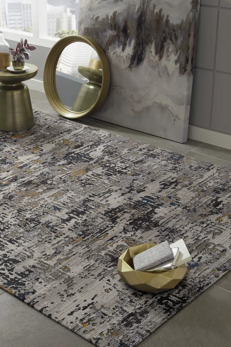5' X 8' Gray Black And Gold Abstract Distressed Area Rug