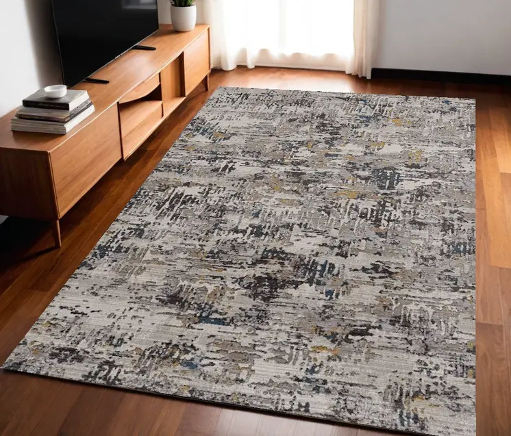 5' X 8' Gray Black And Gold Abstract Distressed Area Rug