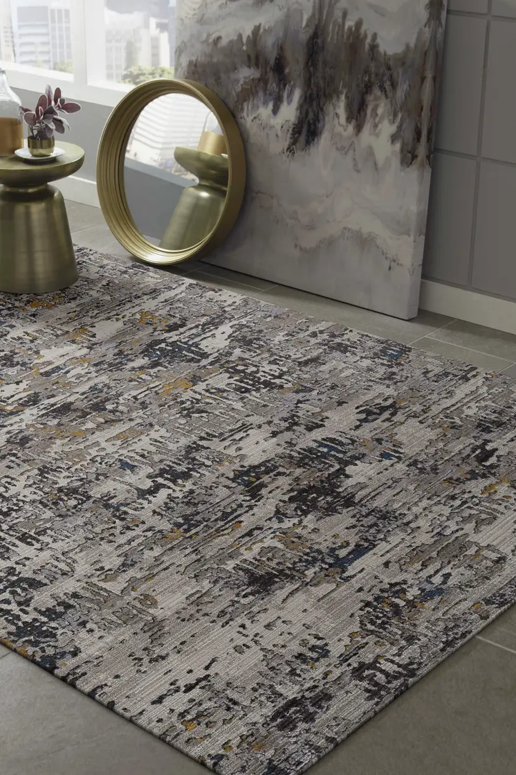 8' X 11' Gray Black And Gold Abstract Distressed Area Rug