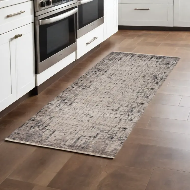 8' Ivory And Gray Abstract Distressed Runner Rug
