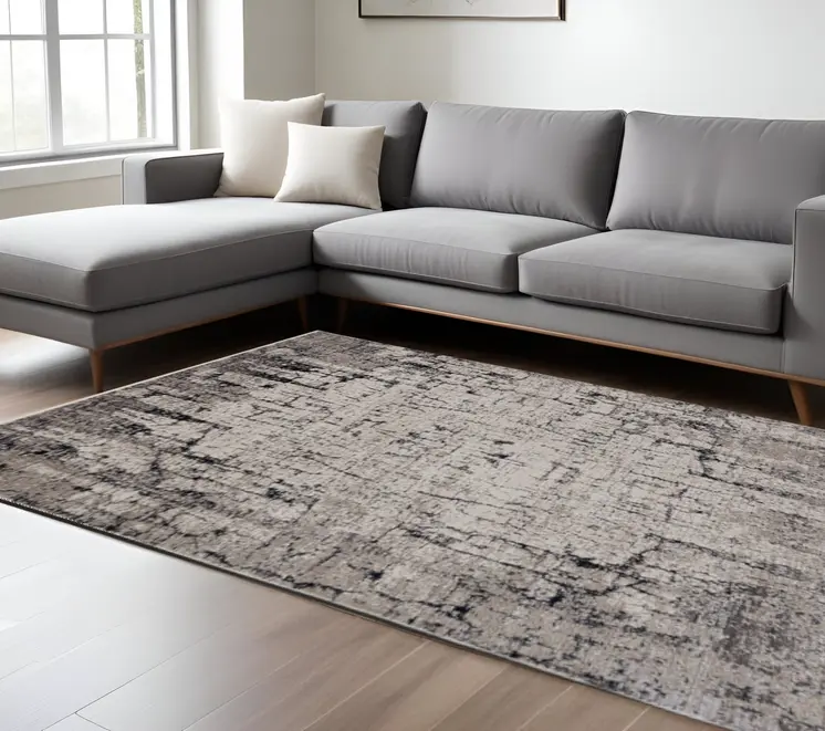 8' X 11' Gray And Ivory Abstract Area Rug With Fringe