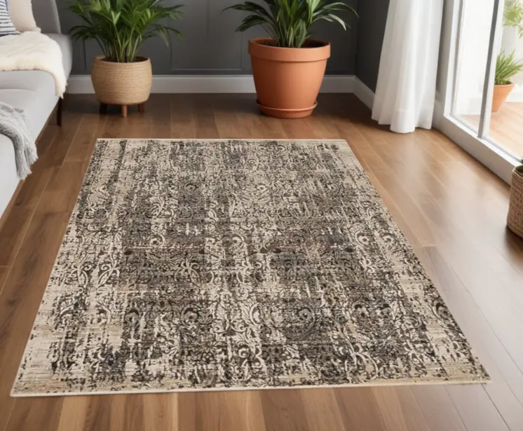 4' X 6' Gray And Tan Abstract Distressed Area Rug