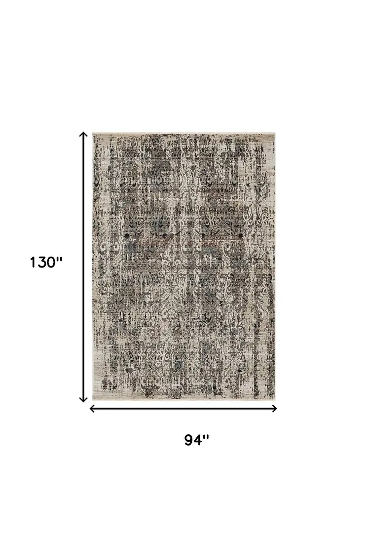 8' X 11' Gray And Ivory Oriental Area Rug With Fringe