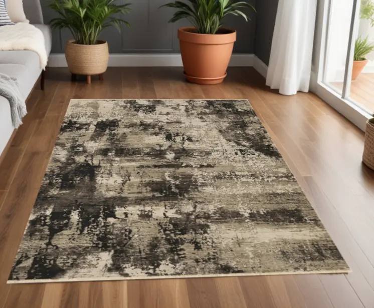 4' X 5' Ivory And Charcoal Abstract Distressed Area Rug