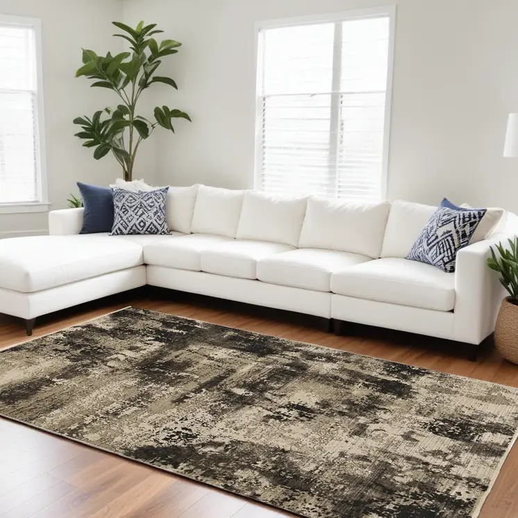 9' X 13' Charcoal Beige And Taupe Abstract Area Rug