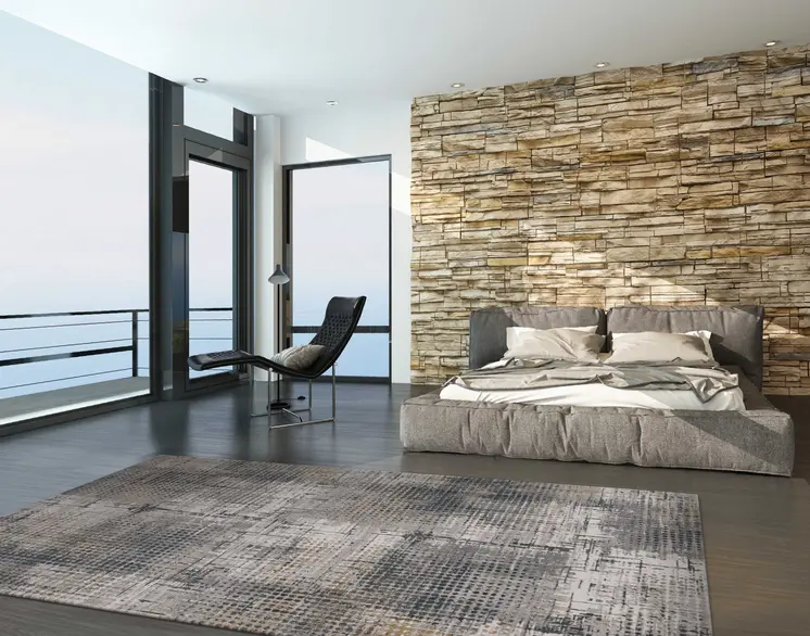 7' X 10' Ivory Navy and Gray Abstract Area Rug