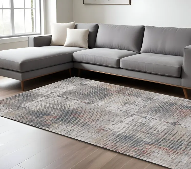 8' X 11' Ivory Gray And Gold Abstract Area Rug