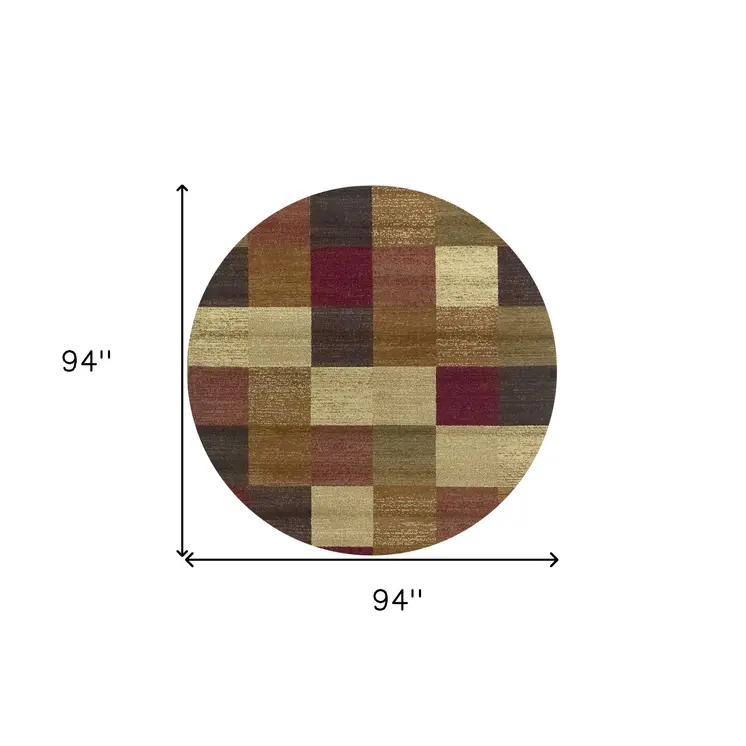 8' X 8' Cream Brown And Red Geometric Round Rug