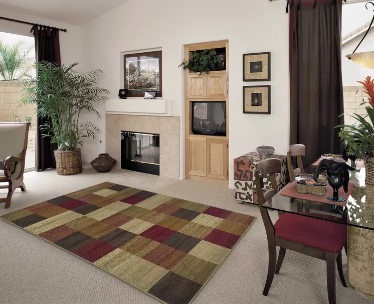 8' X 8' Cream Brown And Red Geometric Round Rug