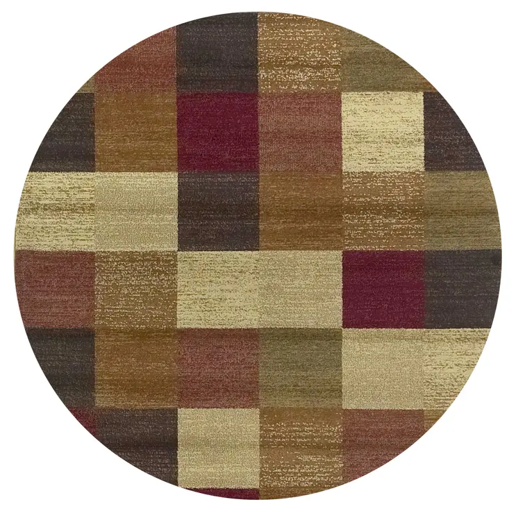 8' X 8' Cream Brown And Red Geometric Round Rug