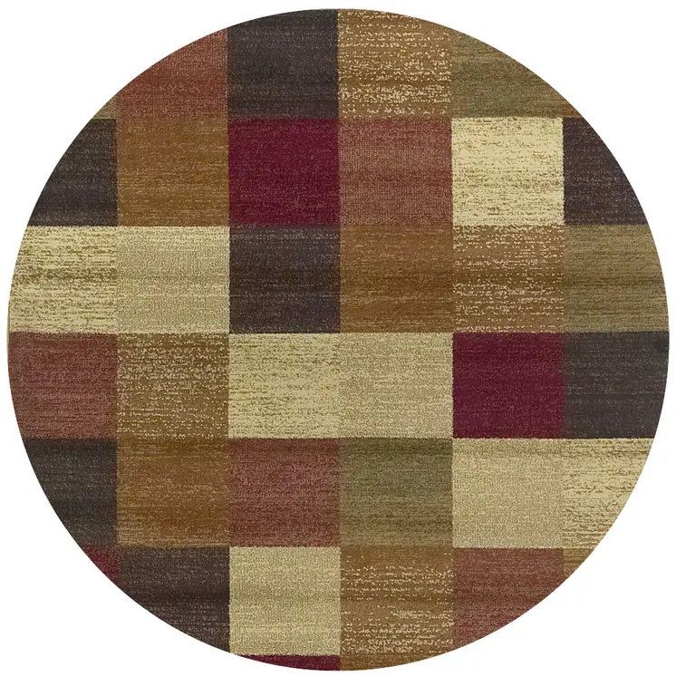 8' X 8' Cream Brown And Red Geometric Round Rug