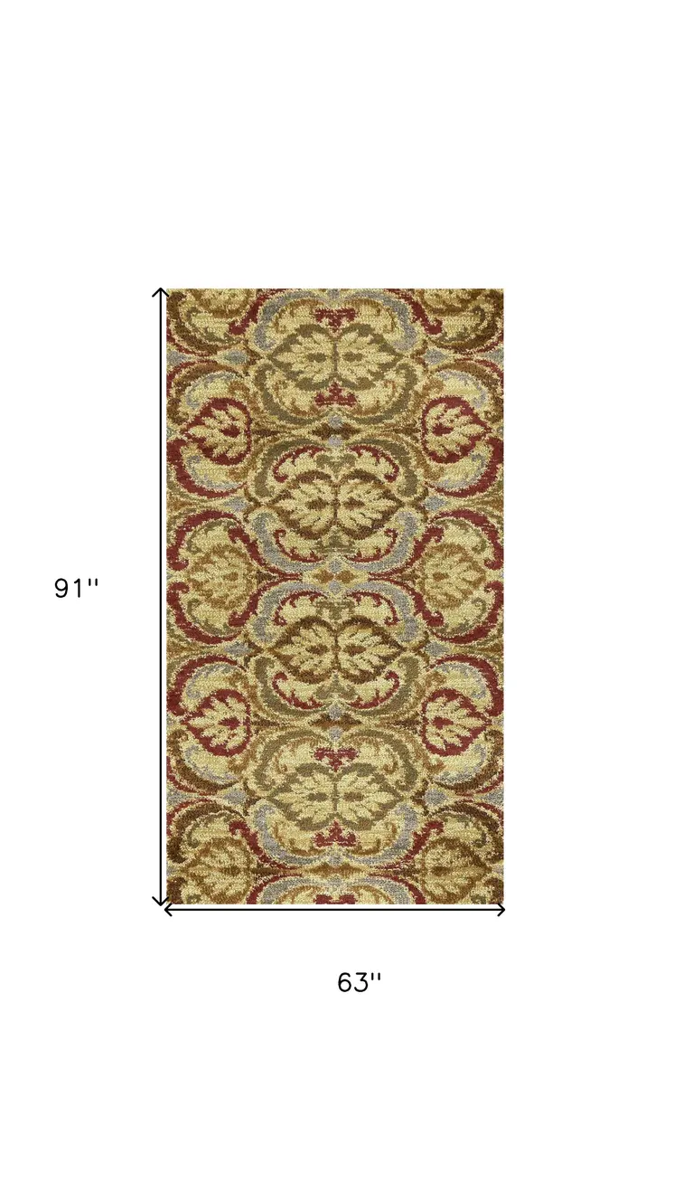 5' X 8' Gold Green and Red Floral Area Rug