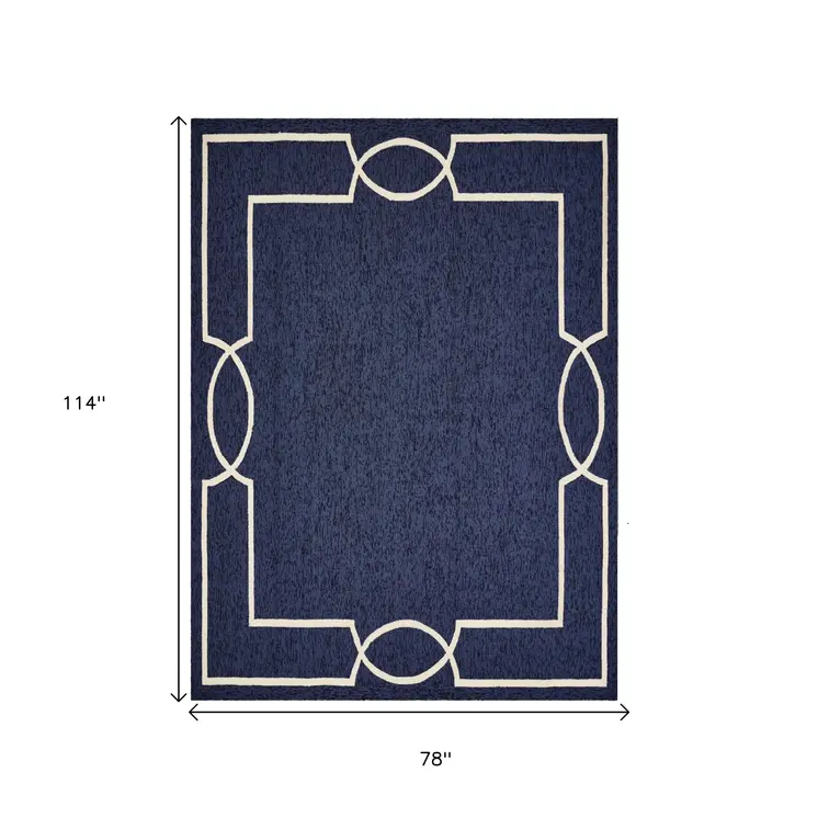 7' X 10' Navy and Ivory Geometric Hand Hooked Area Rug