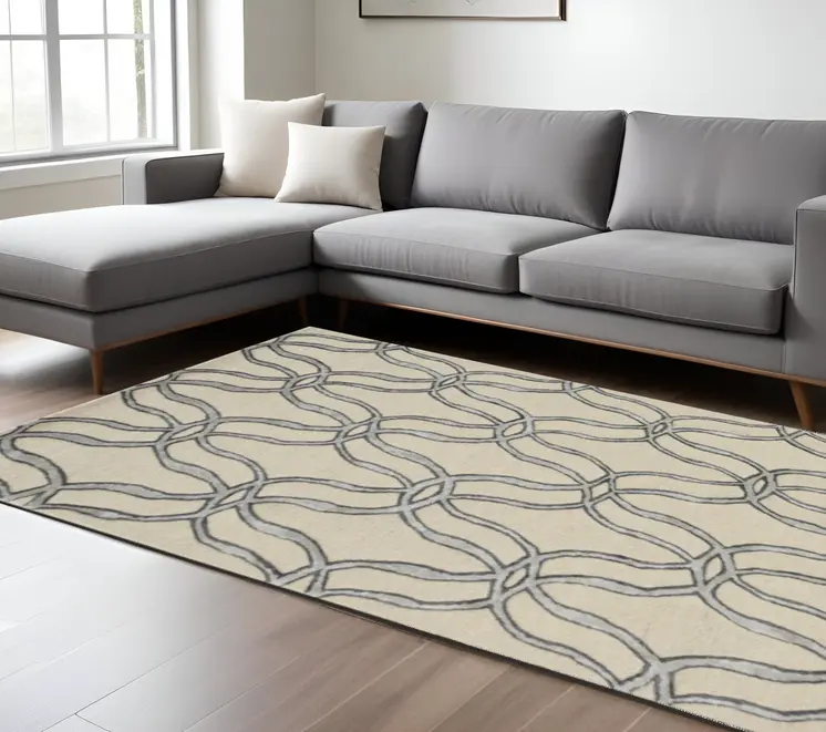 12' X 15' Beige And Silver Wool Vermicular Hand Tufted Area Rug