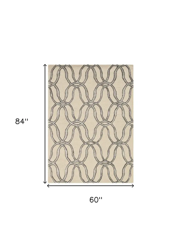 5' X 7' Beige and Silver Wool Vermicular Hand Tufted Area Rug